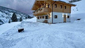 A wooden chalet with a balcony, set against a snowy mountain backdrop. - Chalet Homestake View between Vail and Leadville (Red Cliff)