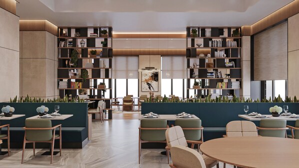 A modern library with high ceilings, bookshelves, and seating areas.