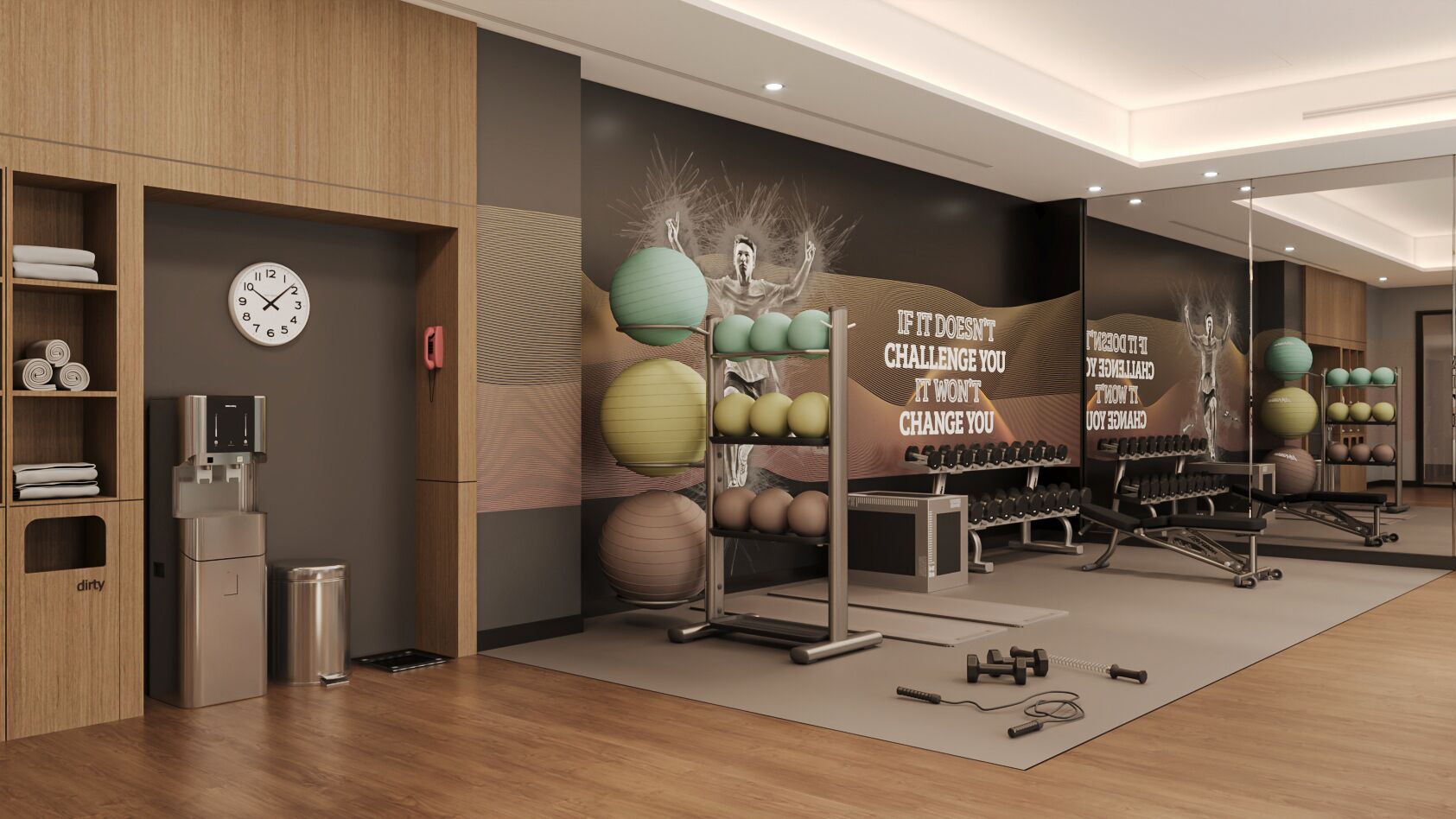 Ein modernes Fitnessstudio mit Trainingsgeräten, einem Wasserspender und einem motivierenden Plakat an der Wand.