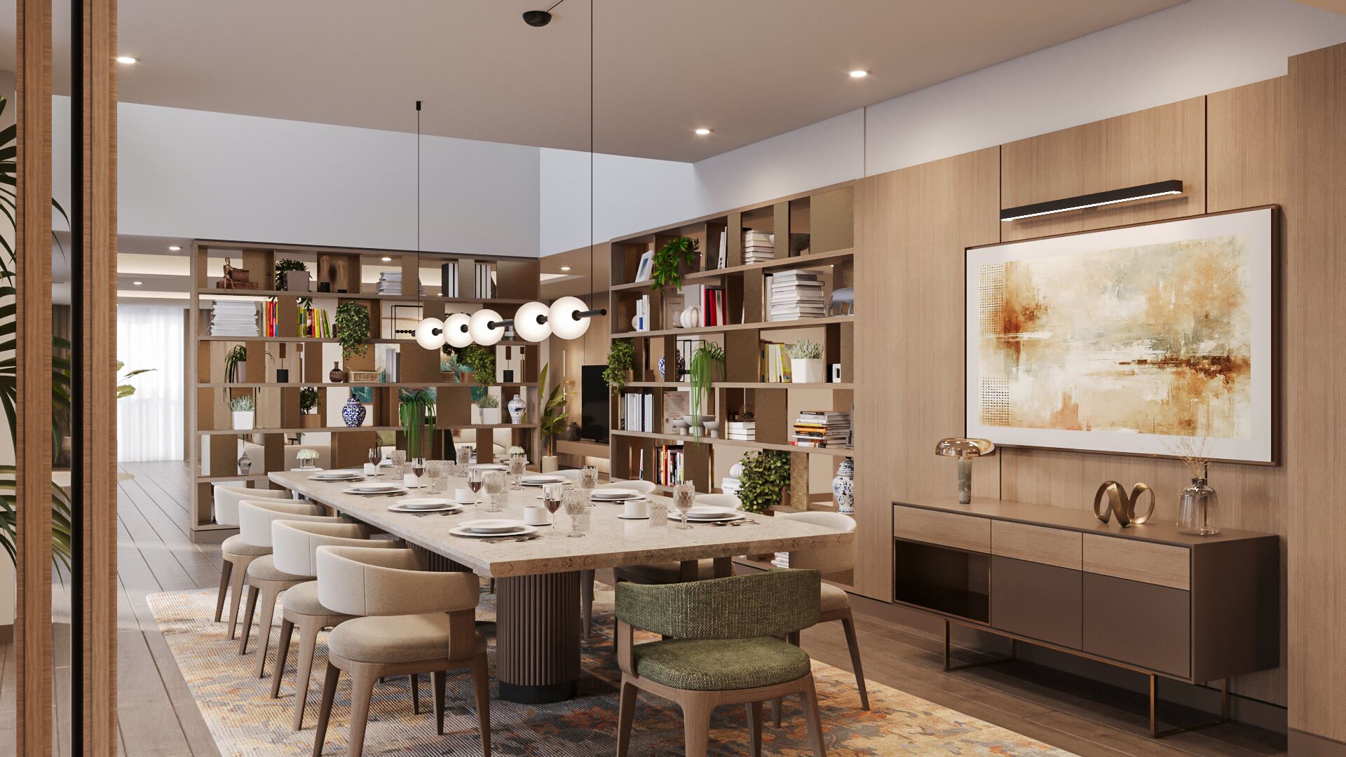 A modern dining area with a long table set for six, surrounded by bookshelves filled with books and decorative items.