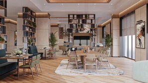 Frokost serveres, lokale og internasjonale retter, utsikt mot hagen