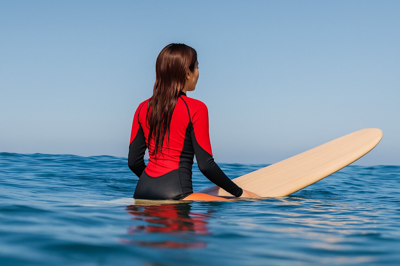 A person sitting on a surfboard in the ocean.