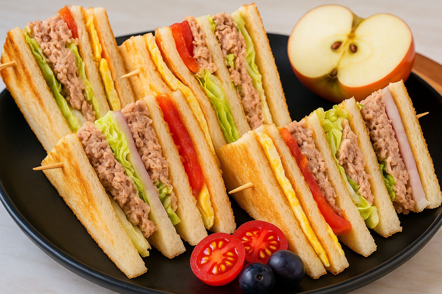 A plate of sandwiches with tomato, lettuce, and meat, accompanied by sliced tomatoes and blueberries.