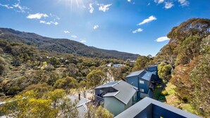 A residential area with modern houses, surrounded by dense forest and hills.
