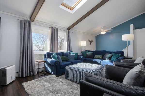 Téléviseur, foyer, livres, chaîne audio