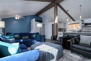 TV, fireplace, books, stereo