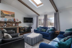 Téléviseur, foyer, livres, chaîne audio