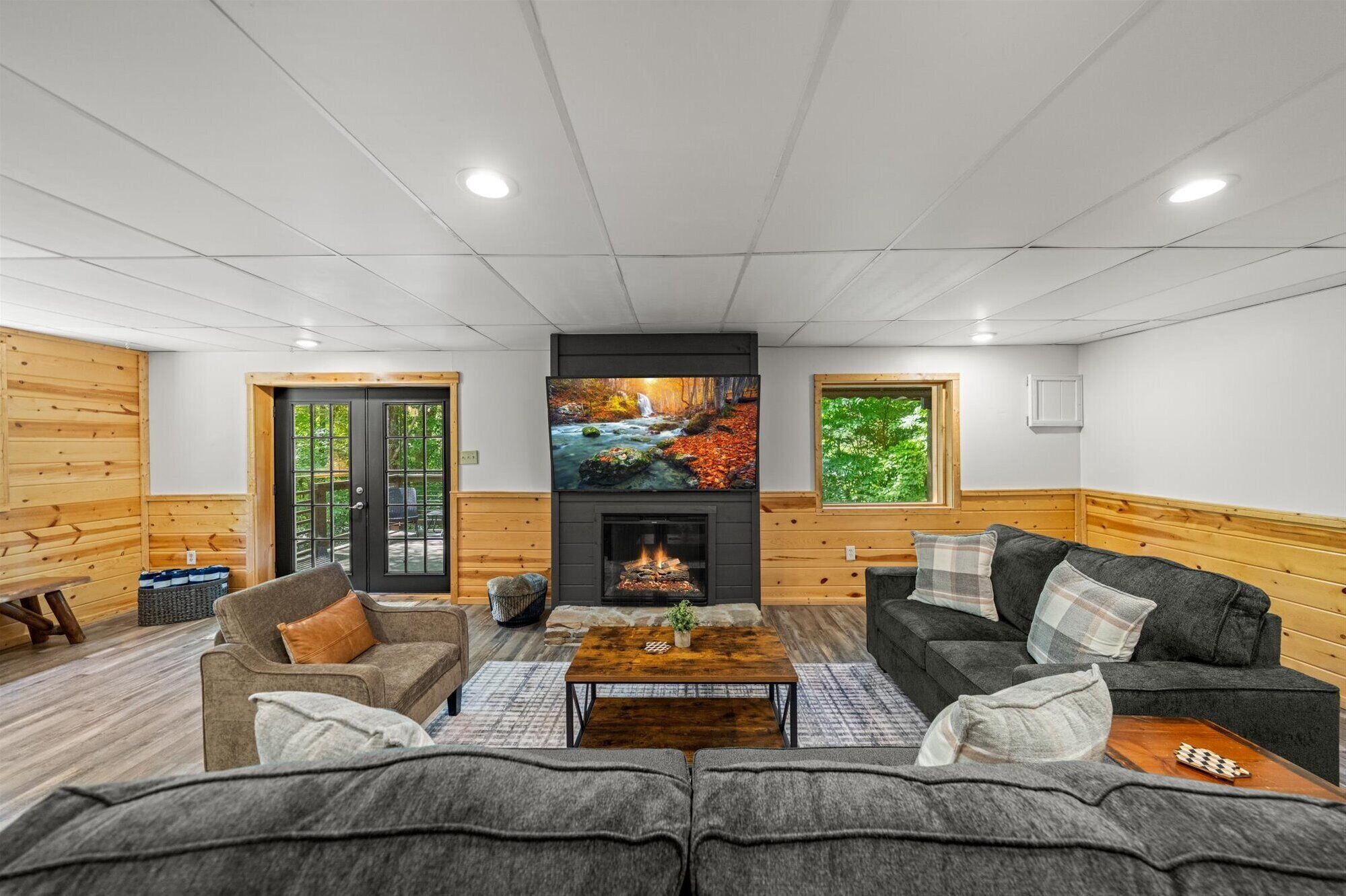 Smart TV, fireplace, video games, foosball