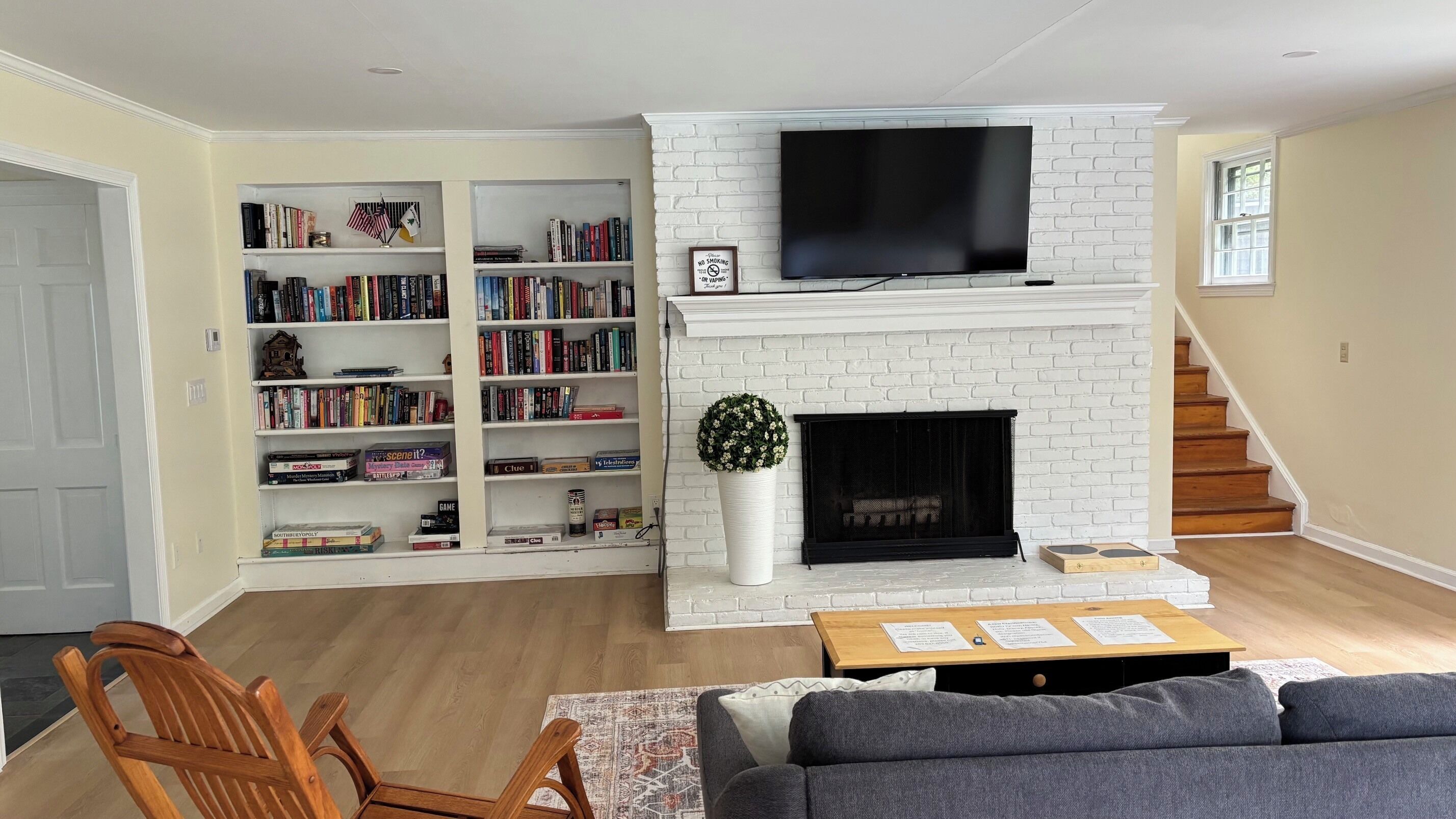 Smart TV, fireplace, table tennis, books