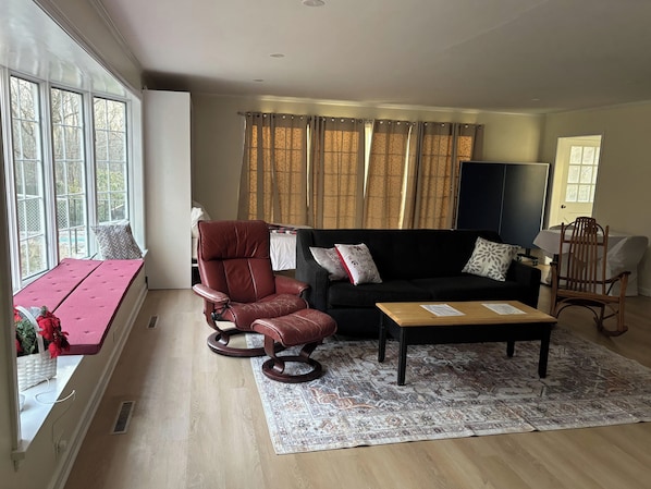 Smart TV, fireplace, table tennis, books
