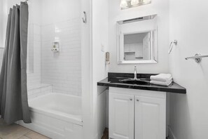 Hair dryer, towels, soap, shampoo