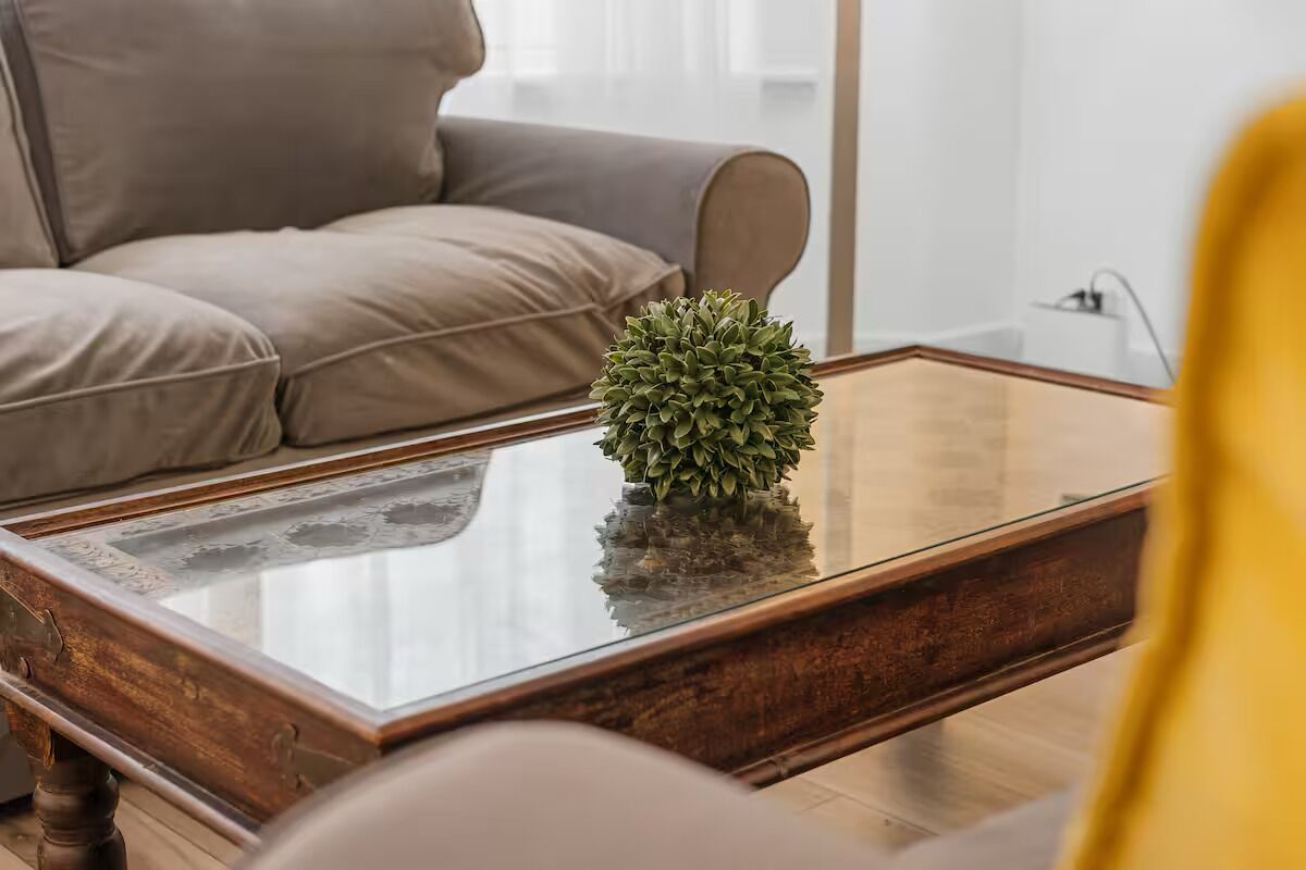 Sala de estar com mesa de centro de vidro, planta em vaso e sofá cinza.