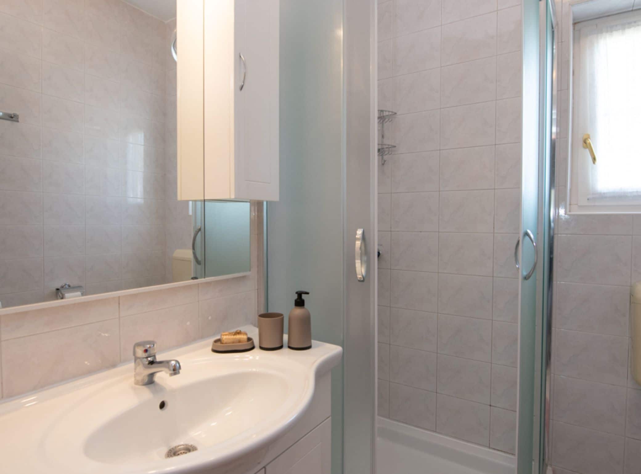 Une salle de bain avec un lavabo, un miroir et une douche.