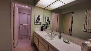 Een moderne badkamer met een grote spiegel, een wastafel en een douche. Twee ingelijste foto’s hangen aan de muur en er staat een vaas op het aanrecht.