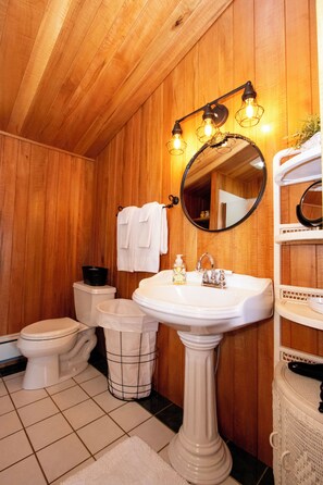 Shower, towels, soap, toilet paper - Cozy Amish Country Cabin with Jacuzzi & Firepit Retreat (Millersburg)