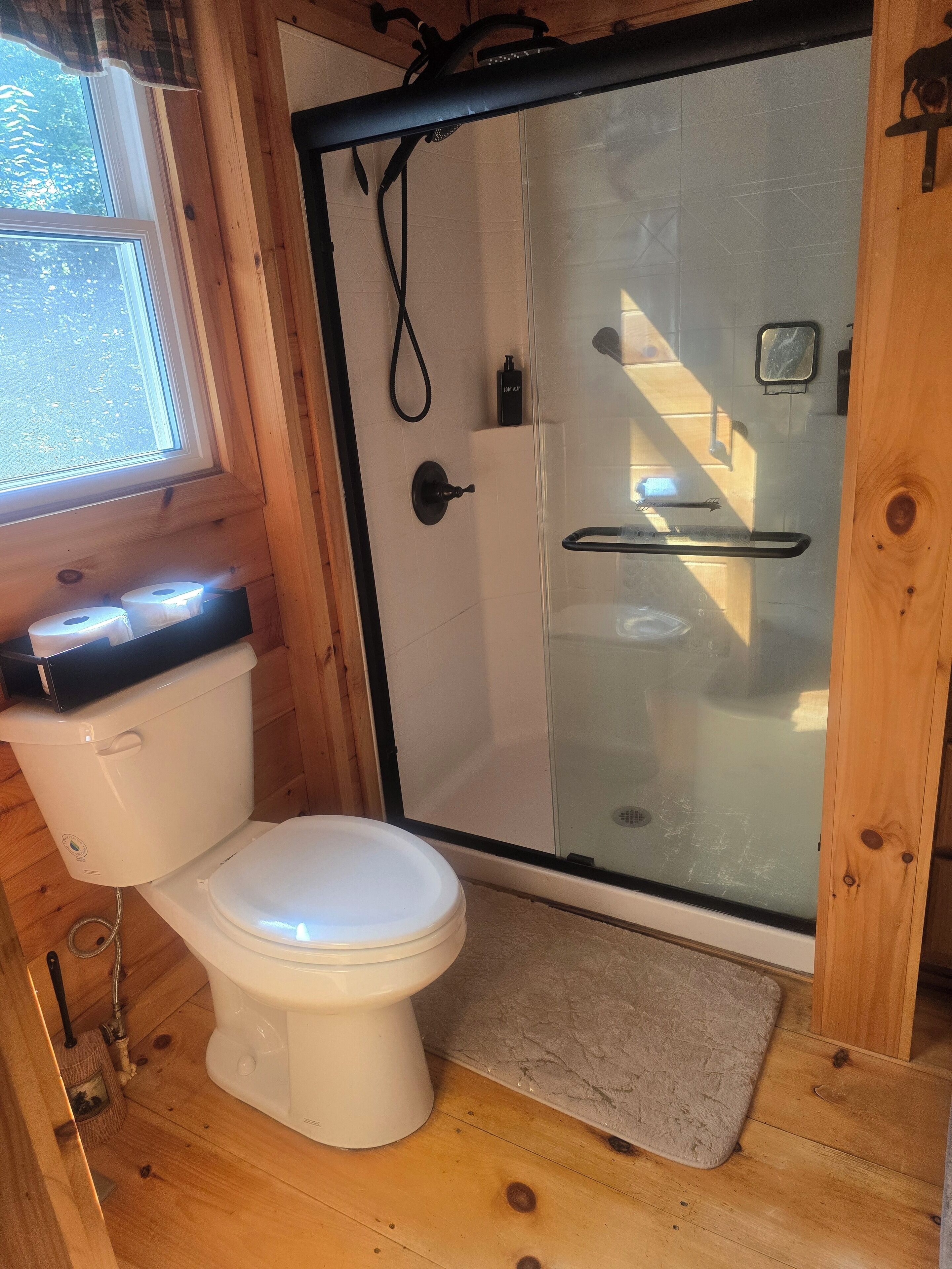 Hair dryer, towels, soap, toilet paper