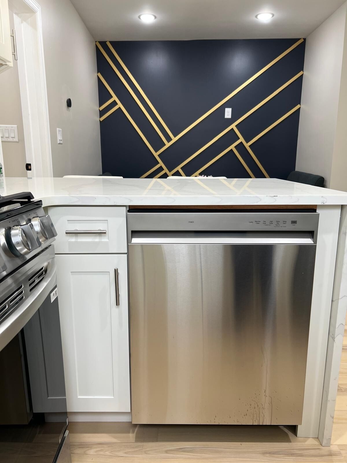 A modern kitchen with a stainless steel dishwasher, a built-in oven, and a gas stove.