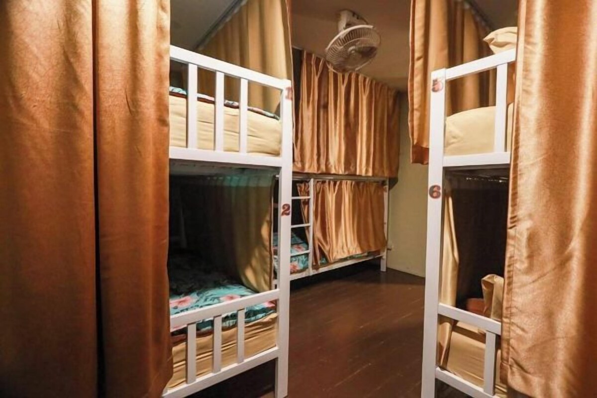 A room with bunk beds, curtains, and a ceiling fan.