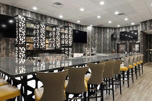 Zona de bar con una barra larga, diversas opciones de asientos y un televisor de pantalla plana grande montado en la pared.