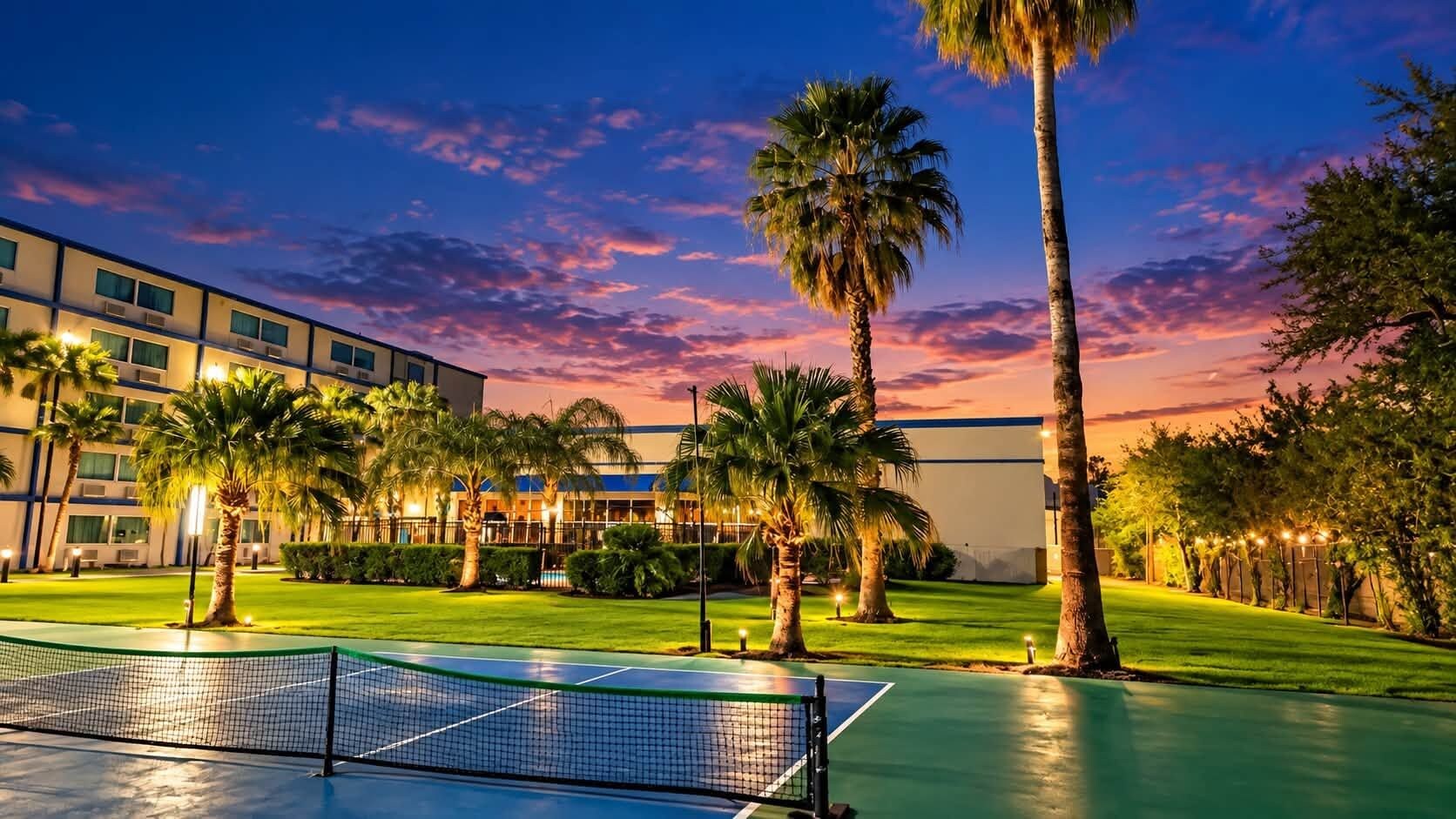 Una cancha de tenis con red, rodeada de palmeras y un edificio con múltiples ventanas.