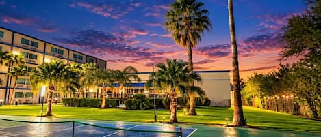 Una cancha de tenis con red, rodeada de palmeras y un edificio con múltiples ventanas.