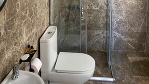 Une salle de bain moderne avec une douche à parois de verre, des toilettes et un lavabo.