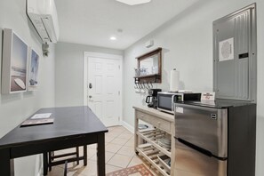 Fridge, microwave, coffee/tea maker, toaster