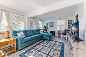 Smart TV, fireplace, books