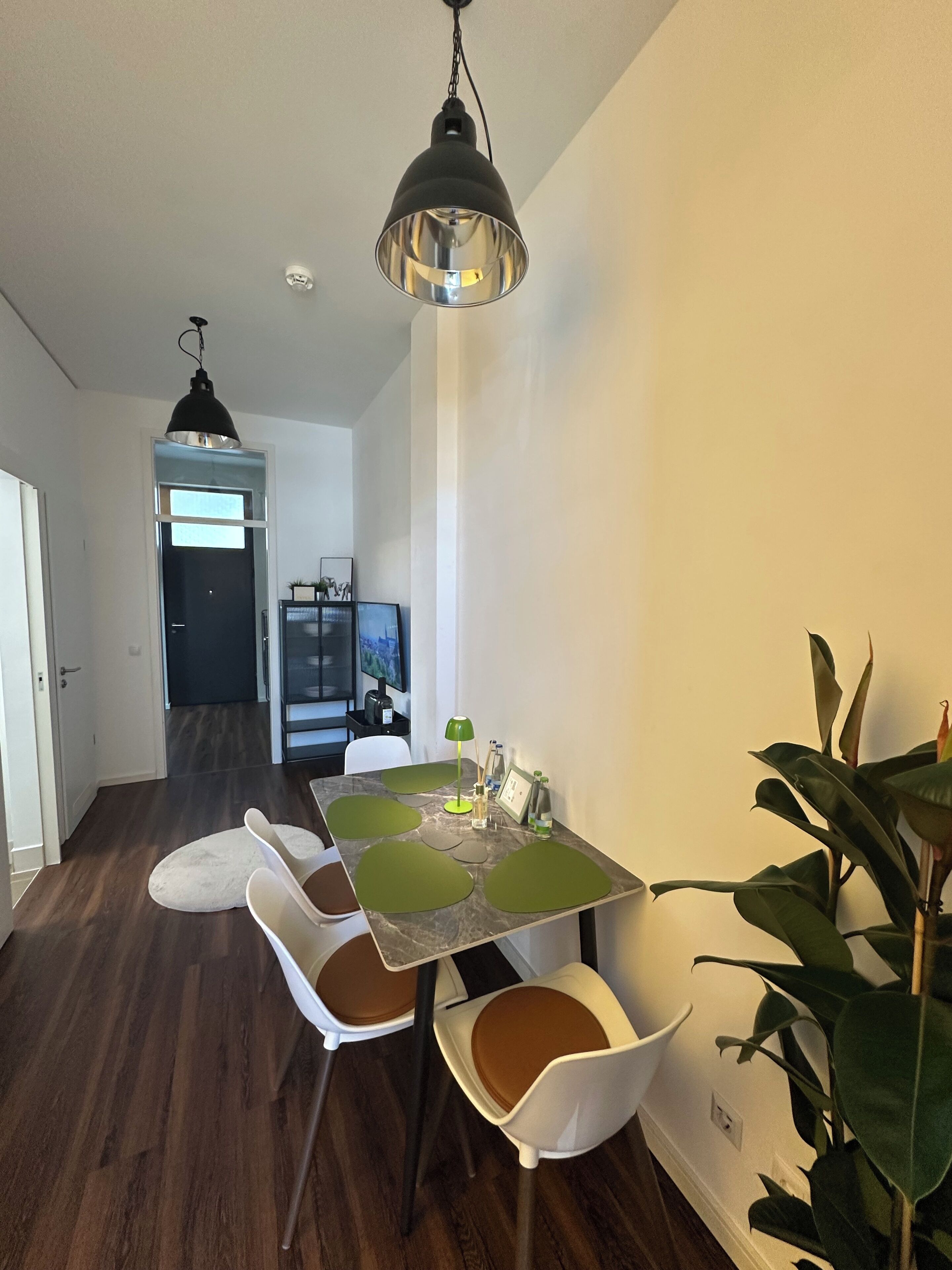 Un'area pranzo con tavolo, sedie, lampadario e una pianta.