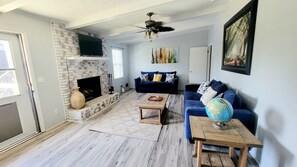 Smart TV, fireplace, books