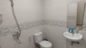 A bathroom with a toilet, sink, and shower.