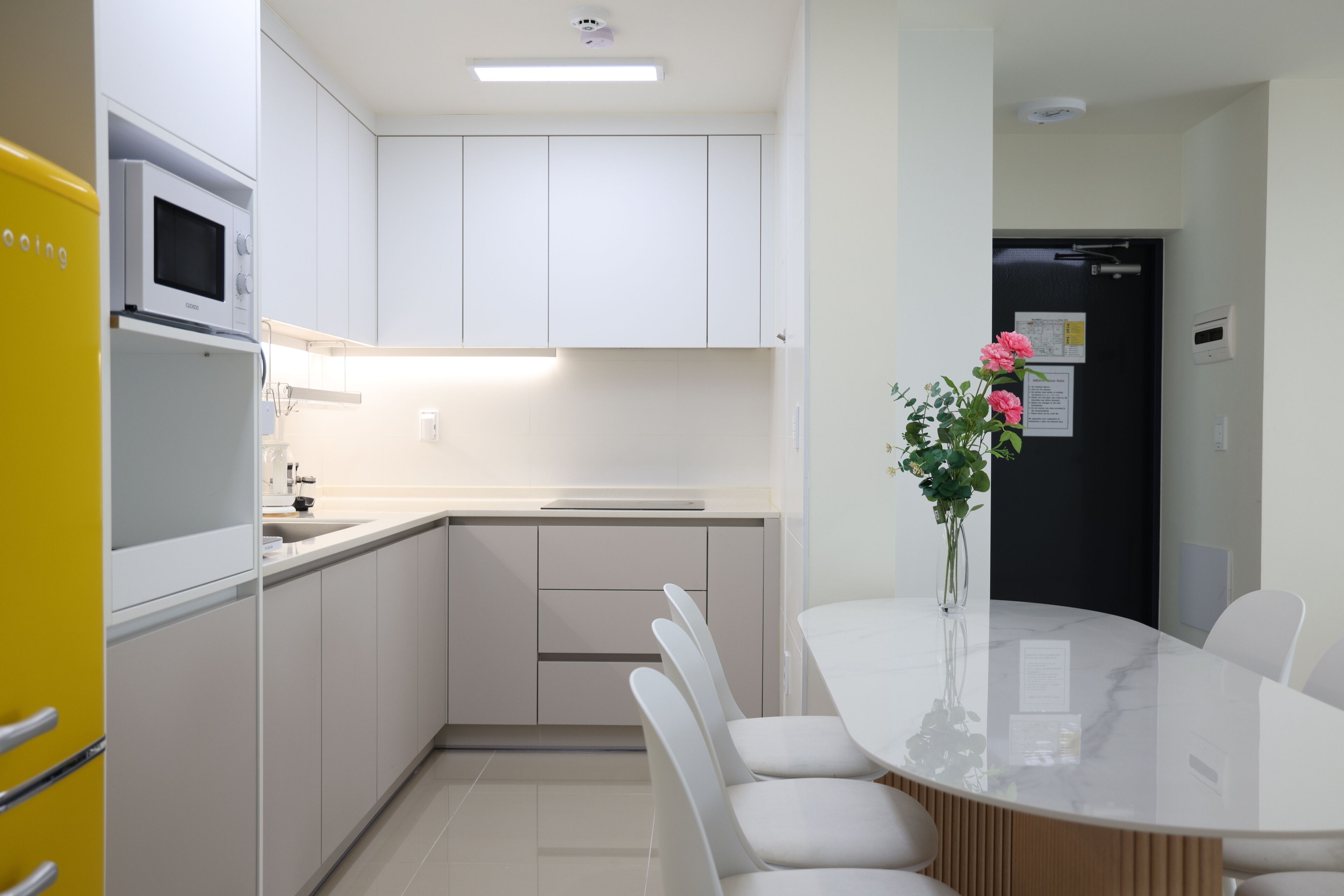 Fridge, microwave, electric kettle, toaster
