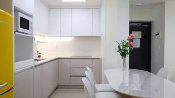 Fridge, microwave, electric kettle, toaster
