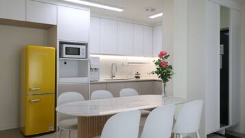 Fridge, microwave, electric kettle, toaster