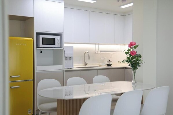 Fridge, microwave, electric kettle, toaster