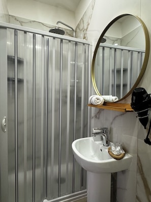 Regadera, secadora de cabello, bidet, toallas 