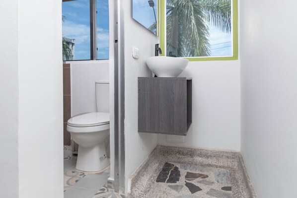 A bathroom with a toilet, a sink, a mirror, and a shower area.