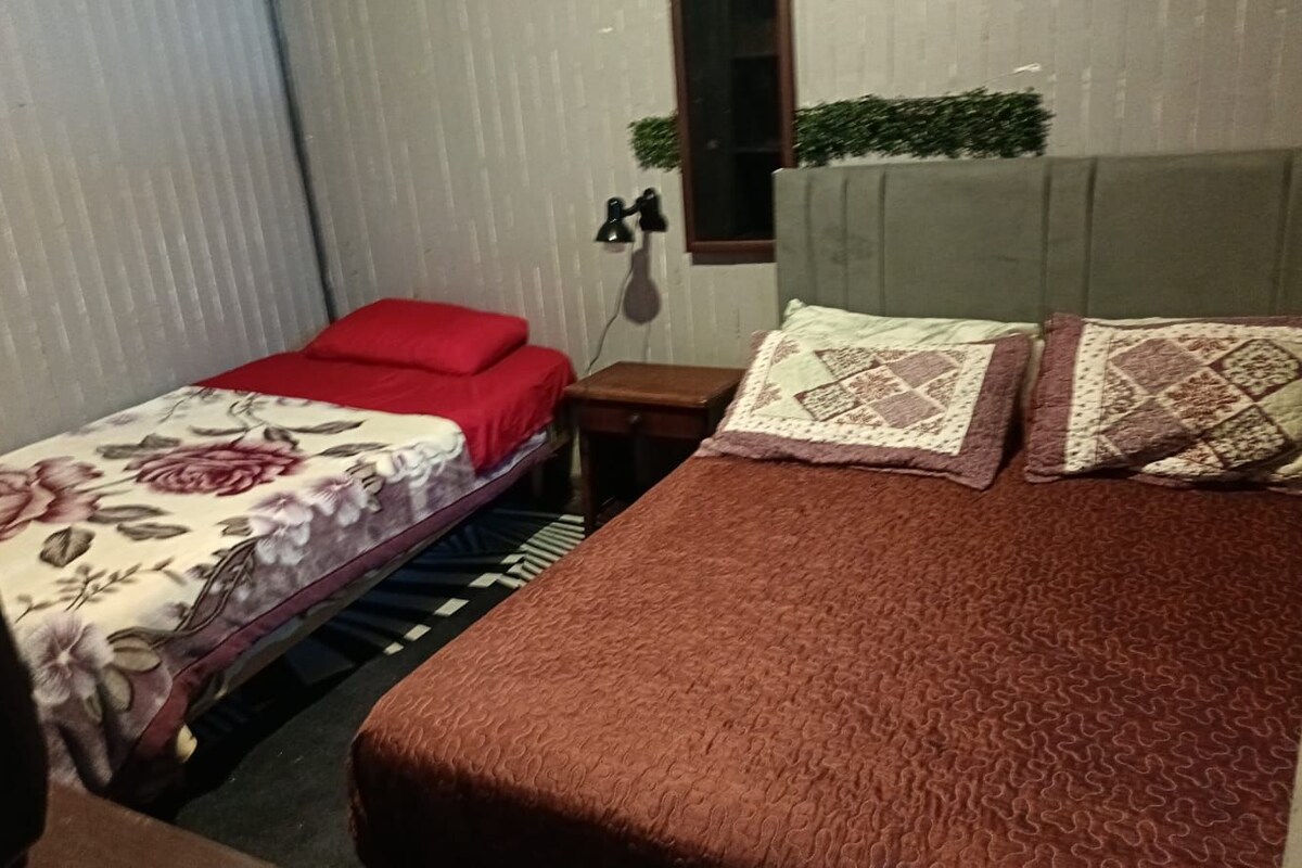 A bedroom with two beds, one with a floral bedspread and red pillows, the other with a brown bedspread and patterned pillows.