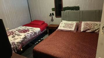 A bedroom with two beds, one with a floral bedspread and red pillows, the other with a brown bedspread and patterned pillows.