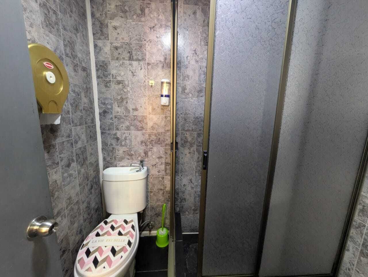 Une salle de bain équipée de toilettes, d’un sèche-mains et d’une brosse de nettoyage verte.