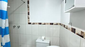 Shower, hair dryer, soap, shampoo