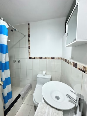 Ducha, secador de pelo, jabón, shampoo
