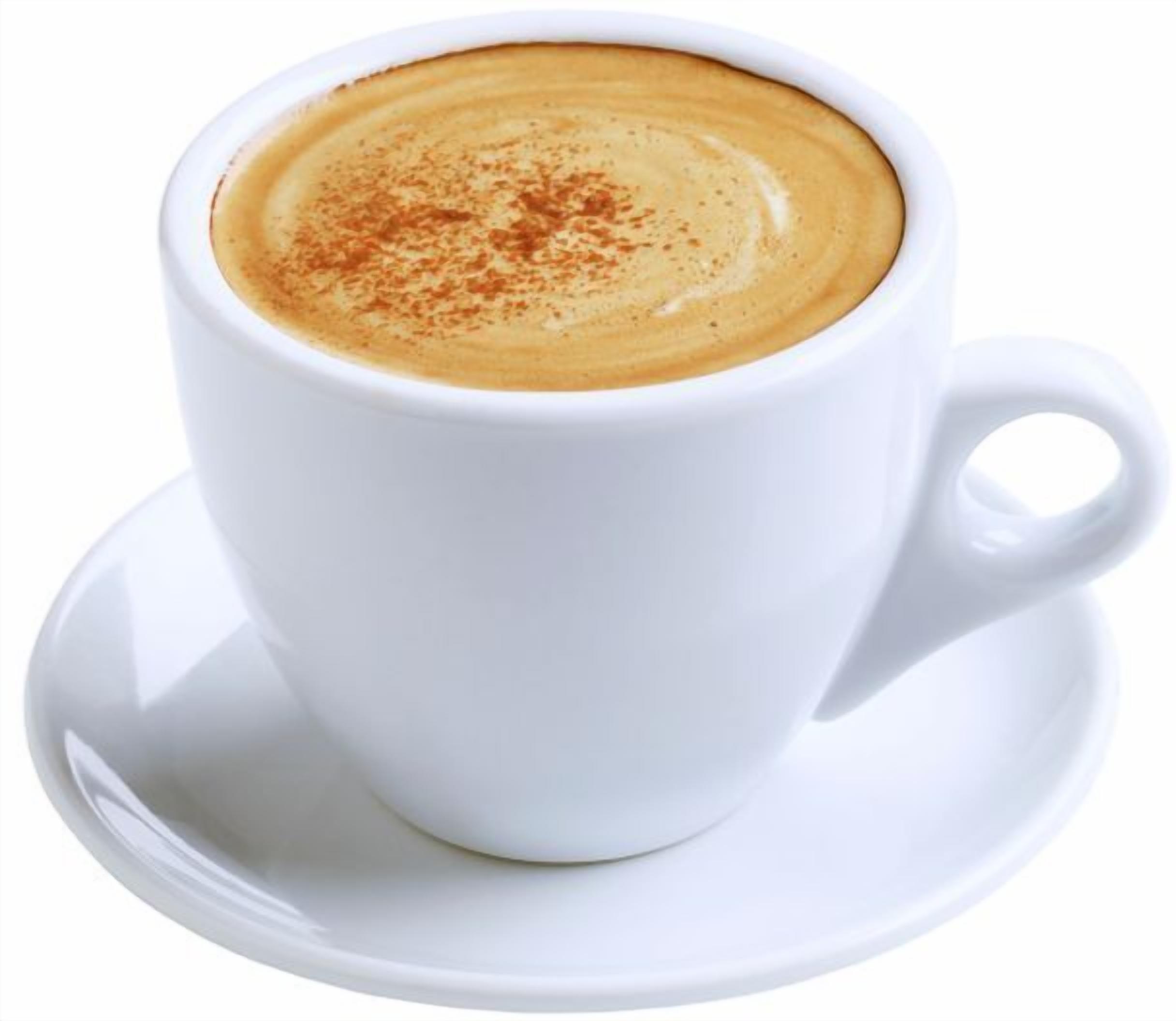 A white cup of coffee with a latte art design on a saucer.