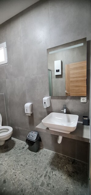 Een haardroger, handdoeken, zeep, toiletpapier
