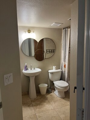 Hair dryer, towels, soap, toilet paper