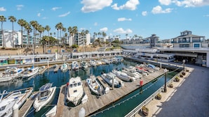 Un port de plaisance où sont amarrés de nombreux bateaux, une jetée en bois et, en arrière-plan, des palmiers et des bâtiments.