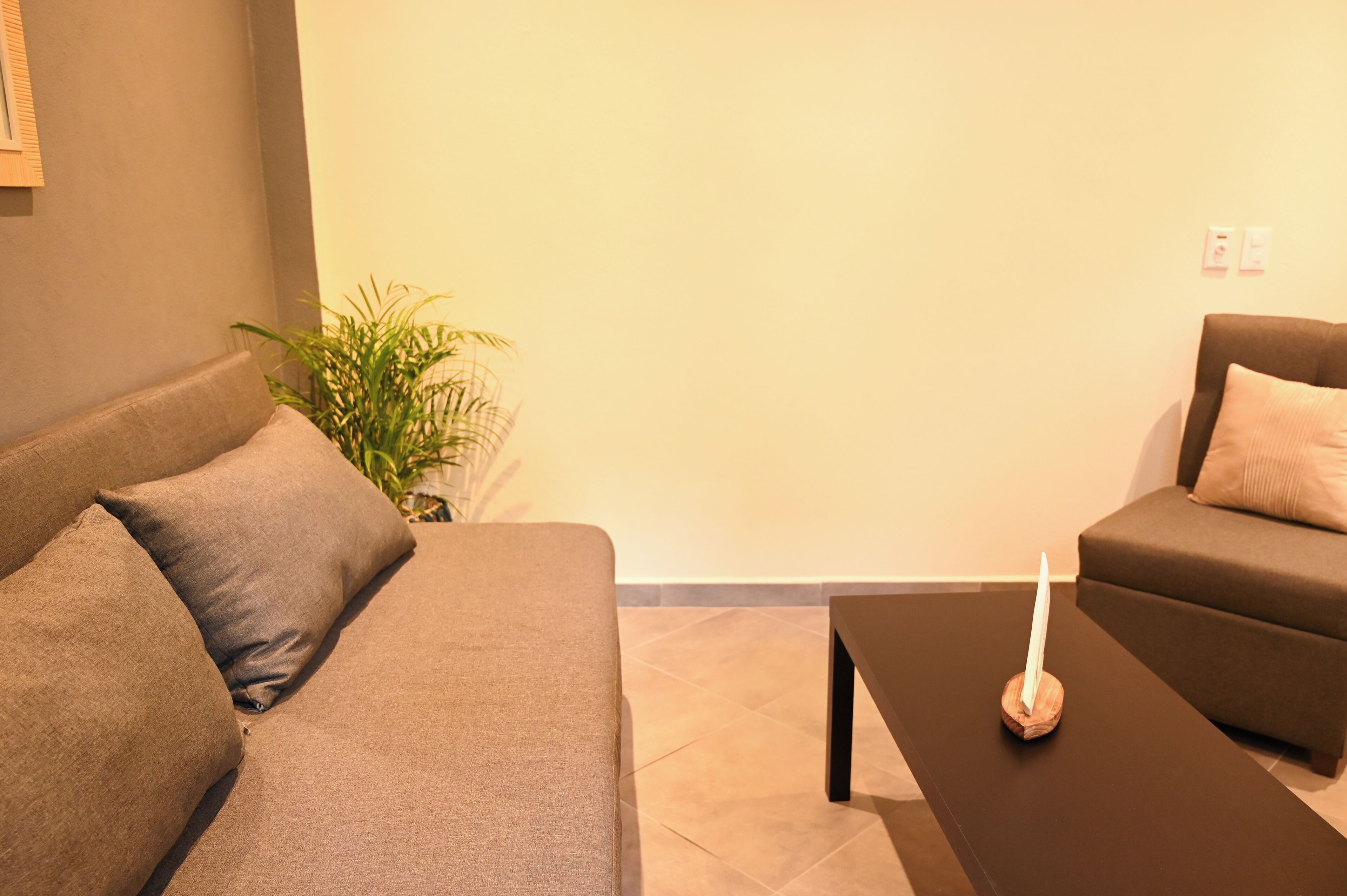 A living room with a sofa, a smaller couch, a coffee table, and a potted plant.
