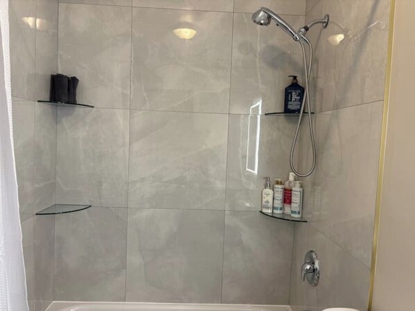 Hair dryer, towels, soap, toilet paper