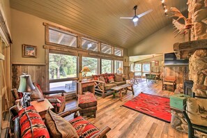 Televisión, chimenea y libros