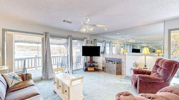 Smart TV, fireplace, books